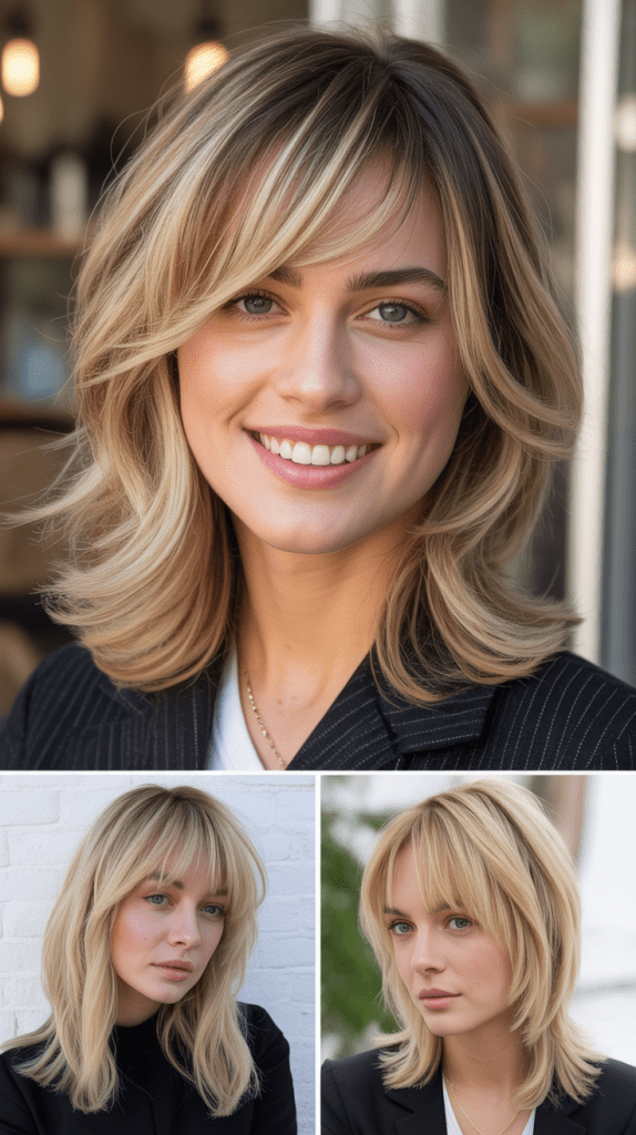 Layered Medium Blonde Hair with Side-Swept Bangs
