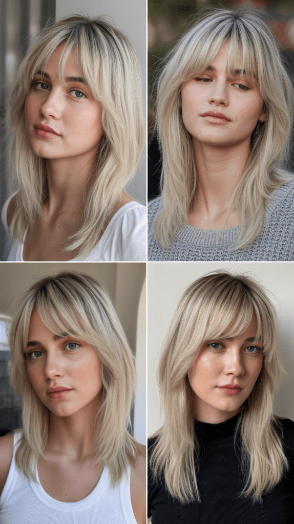 Linen Blonde with Thinning Shear Layers and Curtain Bangs