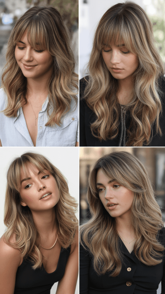 Long Bangs with Caramel Blonde Highlights