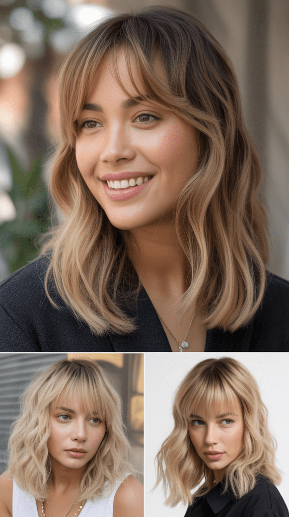 Medium Blonde Hair with Arched Bangs