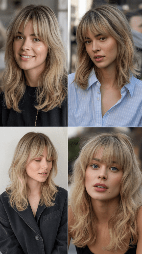 Medium Blonde Hair with Choppy Curtain Bangs