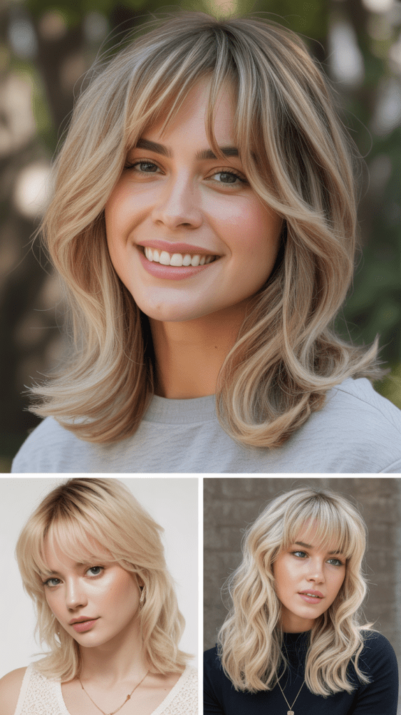 Medium Blonde Layers with Feathered Bangs