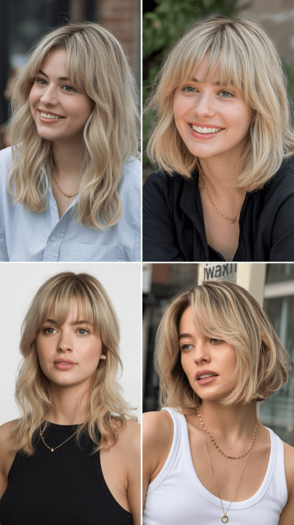 Medium Blonde Lob with Curtain Bangs