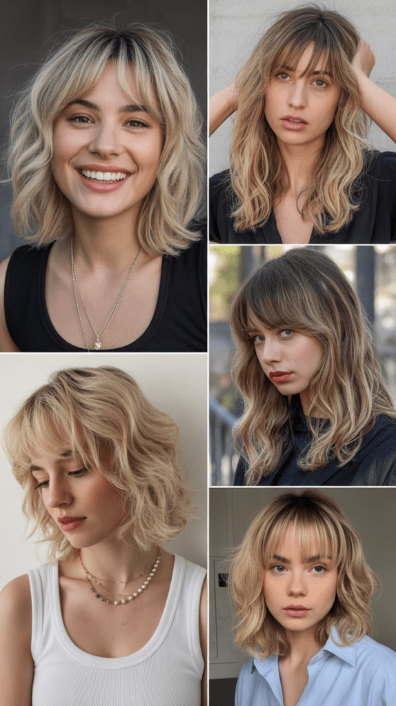 Medium Blonde Shag with Split Curtain Bangs