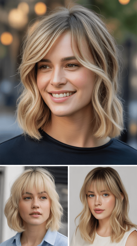 Medium-Length Blonde Lob with Side-Swept Fringe