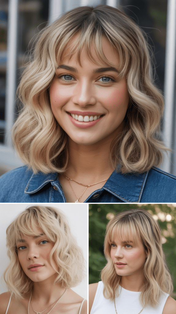 Medium-Length Blonde Waves with Baby Bangs