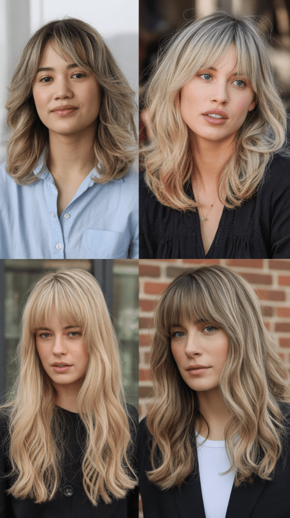 Soft Blonde Layers with Curved Curtain Bangs