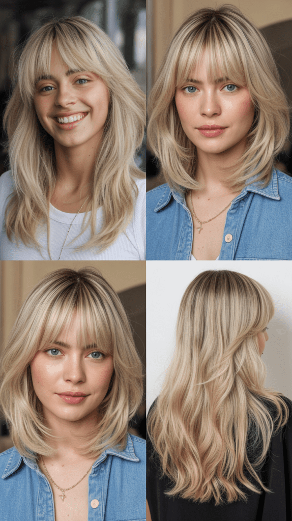 Oat Milk Blonde with Graduation Layers and Curtain Bangs