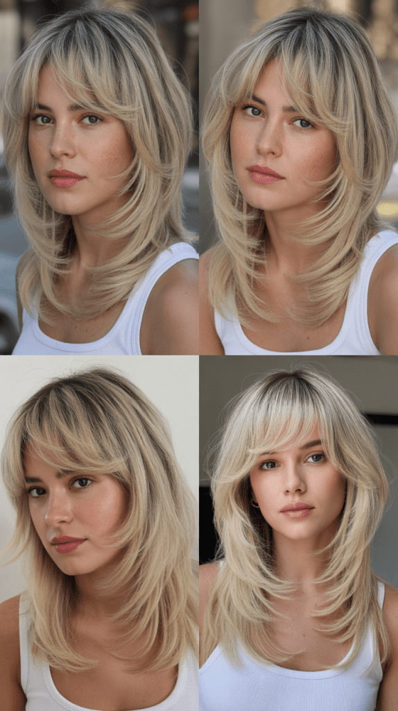 Pearl Blonde with Slide-Cut Layers and Curtain Bangs