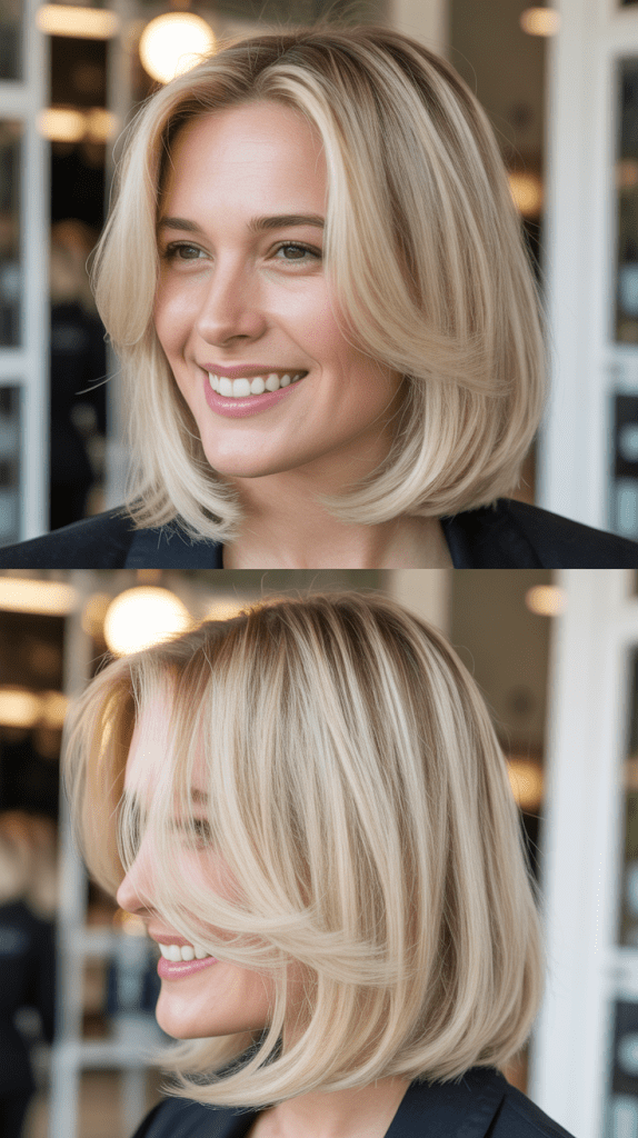 Cream Blonde Lob with Face-Framing Curtain Layers