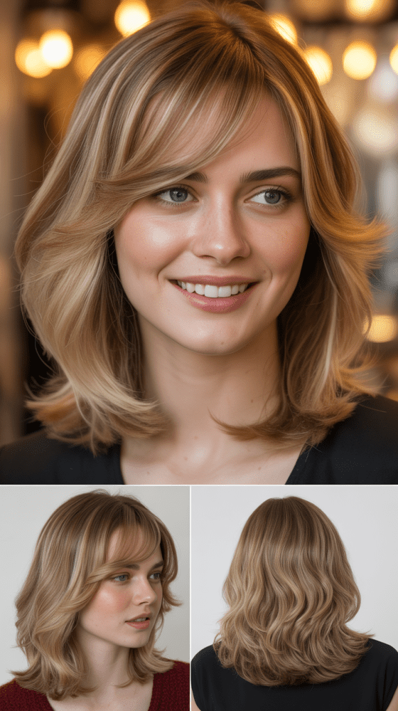 Amber Blonde Layers with Side-Swept Curtain Bangs