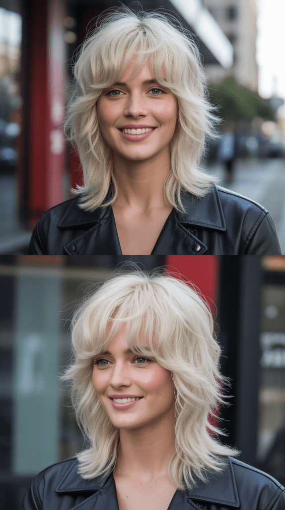 Platinum Blonde Shaggy Layers with Wispy Curtain Bangs