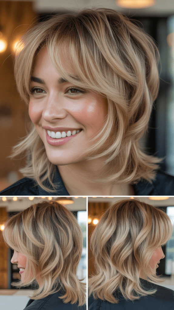Wheat Honey Blonde with Choppy Layers and Curtain Bangs