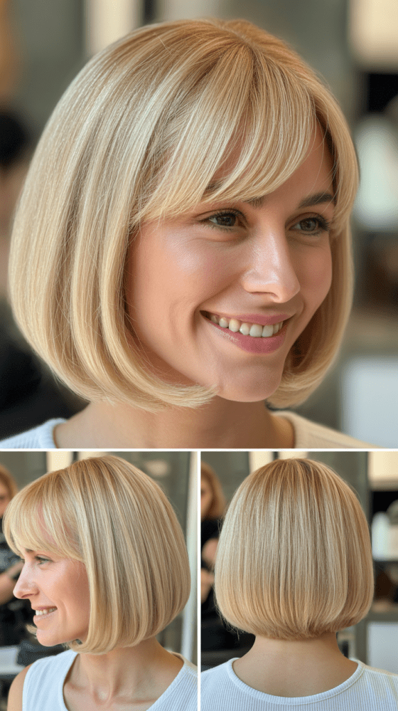 Classic Medium Layered Blonde Bob with Curtain Bangs