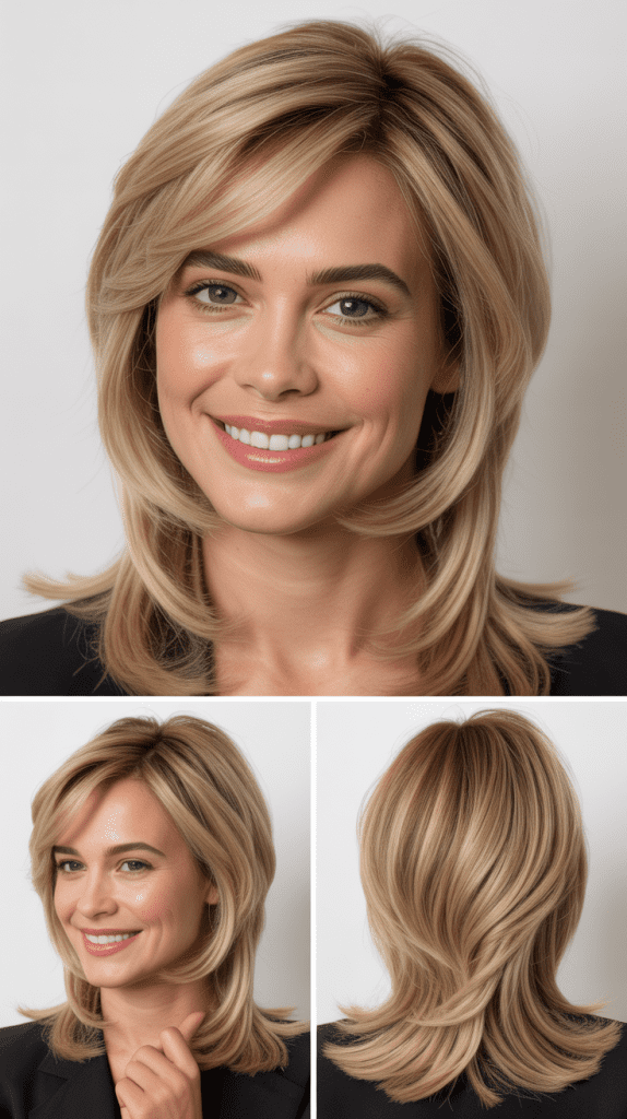 Medium Blonde Layers with Tapered Side Bangs