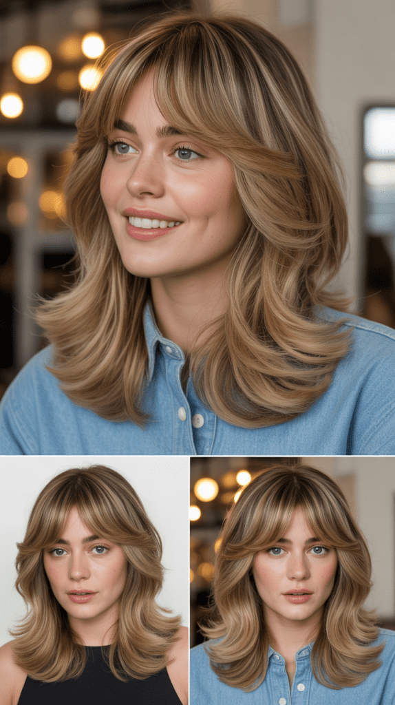 Toffee Blonde Layers with Piece-y Curtain Bangs