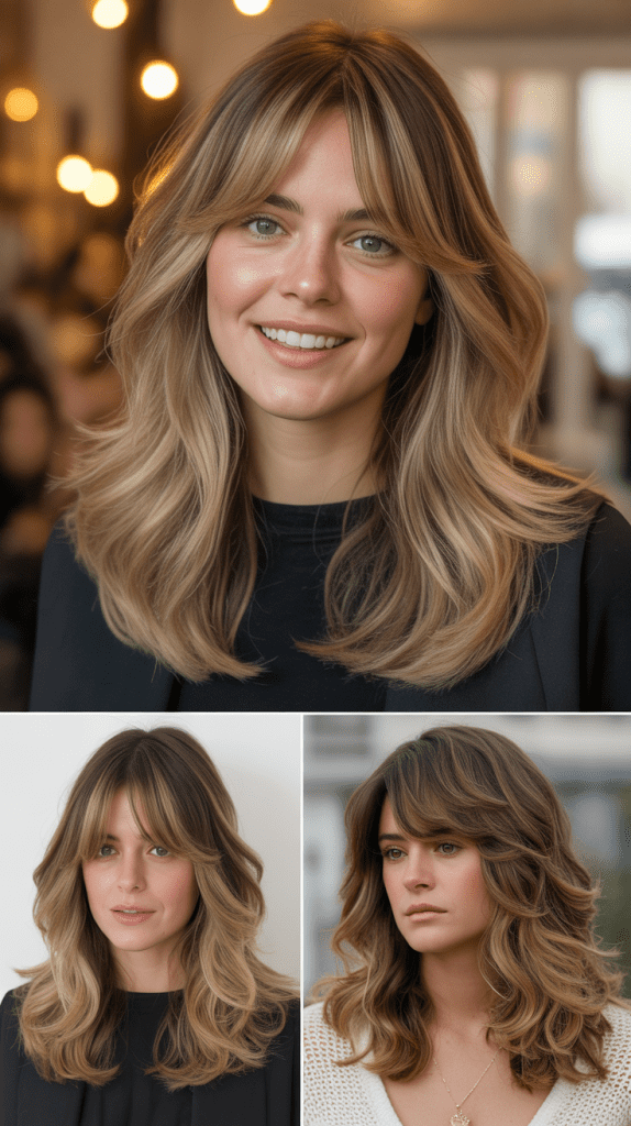 Butterscotch Blonde Balayage with Layered Curtain Bangs