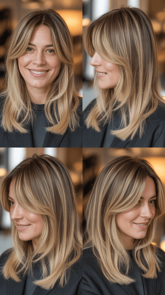  Long Curtain Bangs with Dimensional Golden Blonde Balayage