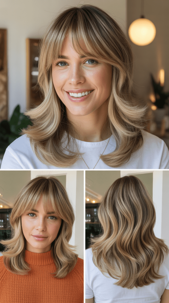 Toasted Almond Blonde with Layered Curtain Bangs