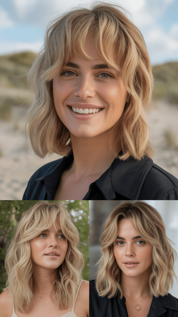 Sandy Blonde Shag with Curtain Bangs