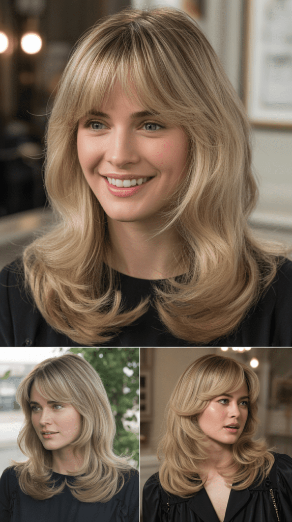 Champagne Blonde Layers with Curtain Bangs and Highlights