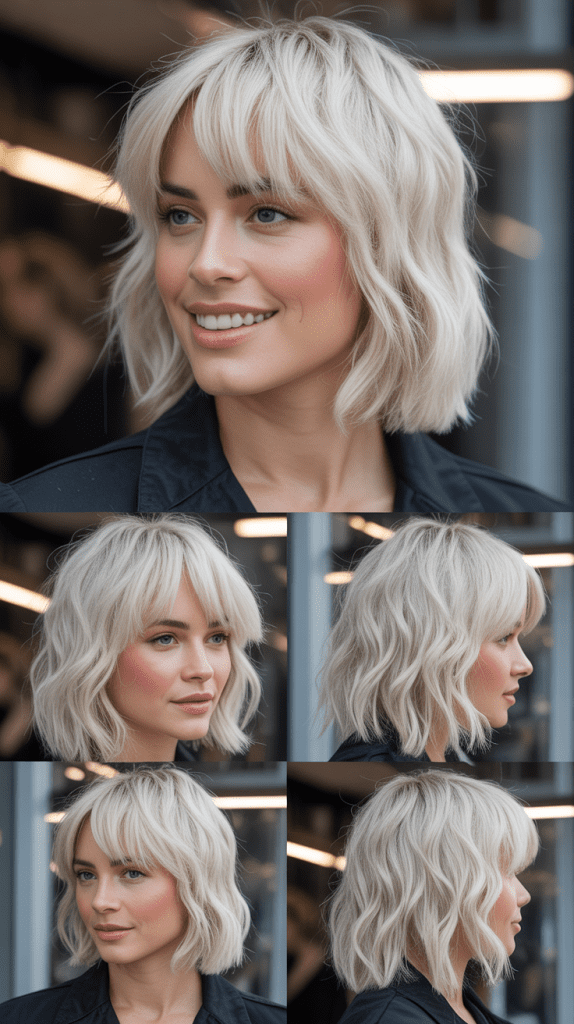 Choppy Curtain Bangs with Platinum Blonde Textured Lob