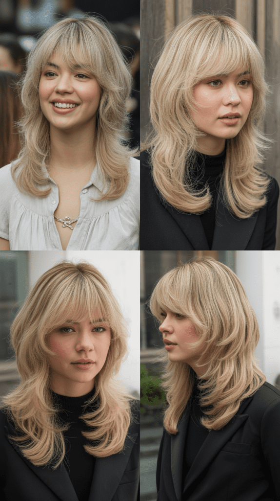 Champagne Blonde Shag with Wispy Curtain Bangs