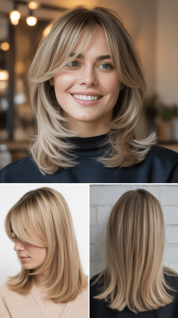 Sandy Blonde with Graduated Layers and Side-Swept Curtain Bangs