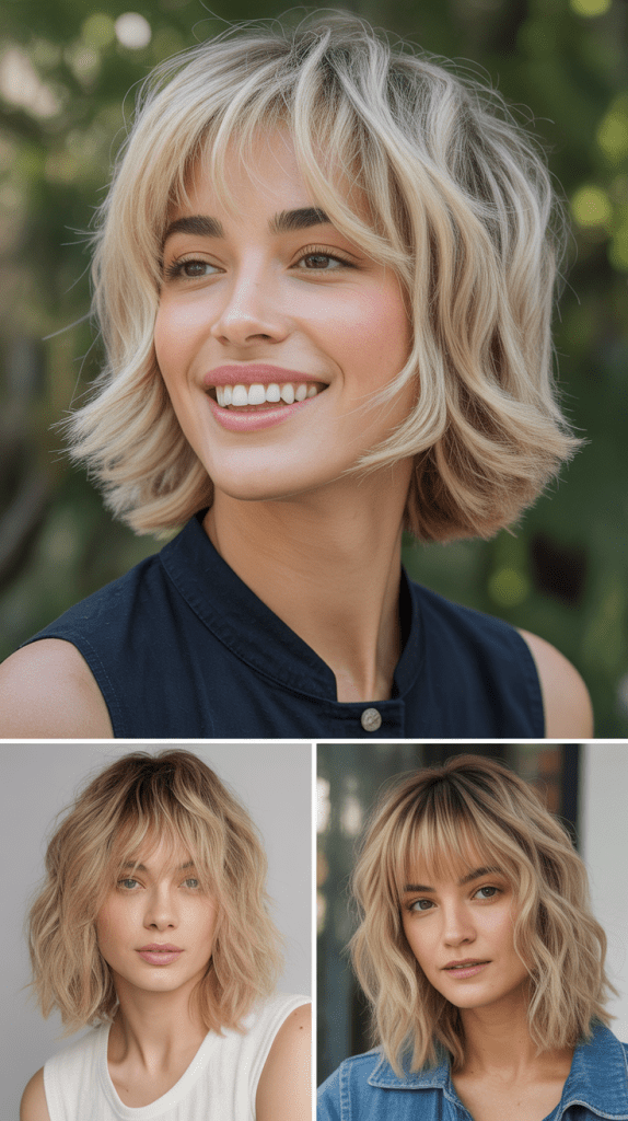 Layered Champagne Blonde with Feathered Fringe