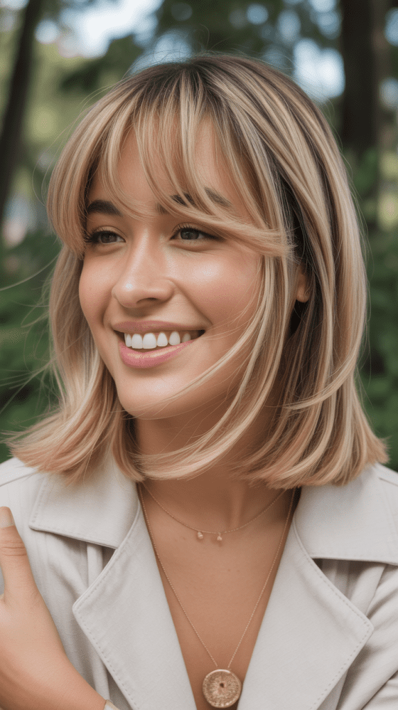 Textured Side Bangs with Golden Honey Blonde