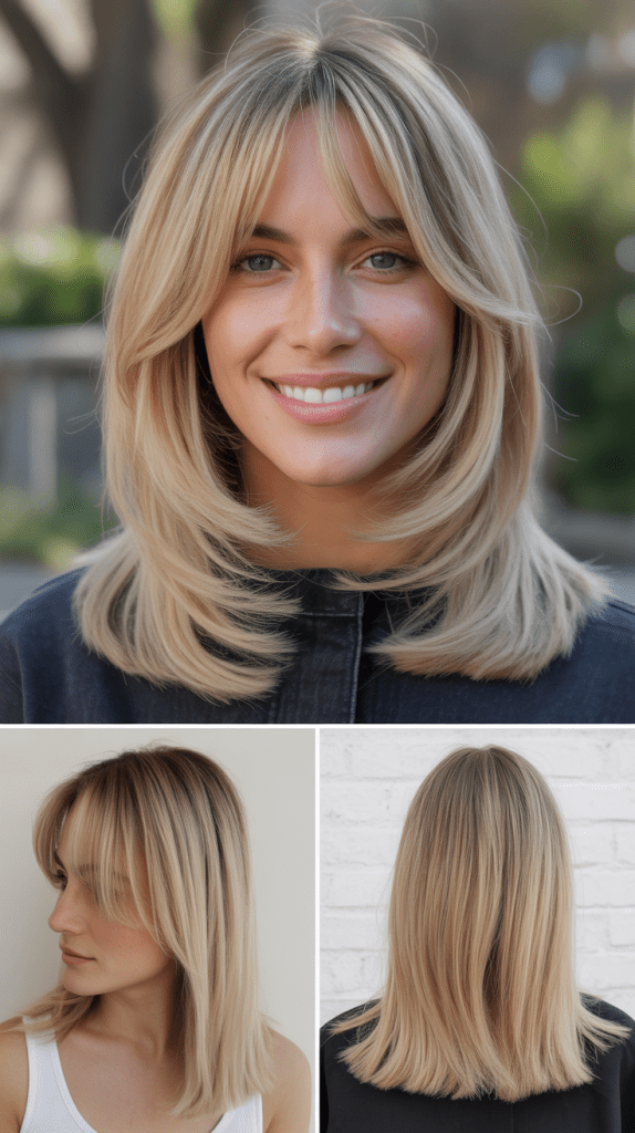 Toasted Almond Blonde with Point-Cut Layers and Curtain Bangs