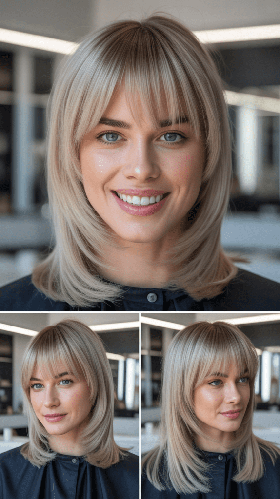 Ash Blonde Layered Cut with Blunt Curtain Bangs