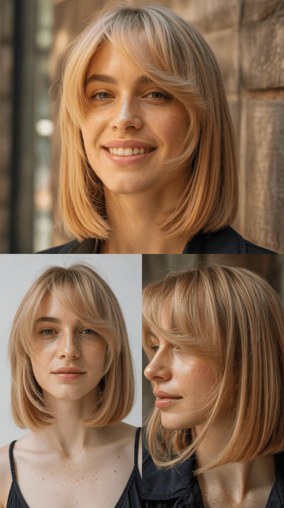 Asymmetrical Wispy Bangs with Buttery Golden Blonde Straight Hair