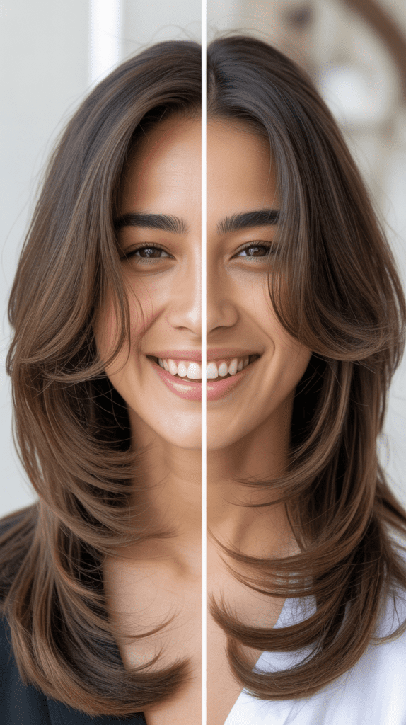 Long U-Shaped Layers With Rounded Curtain Bangs