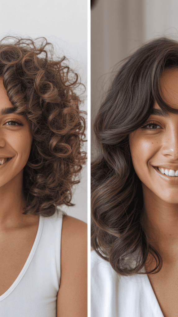 Curly Long Bob With Defined Curtain Bangs