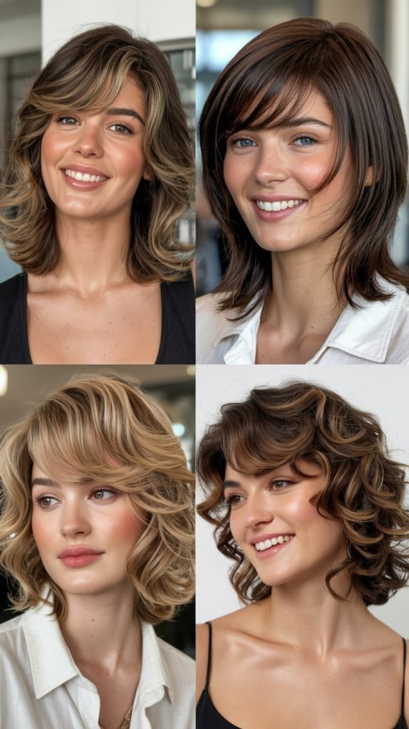  Wavy Medium Layers with Side-Swept Bangs