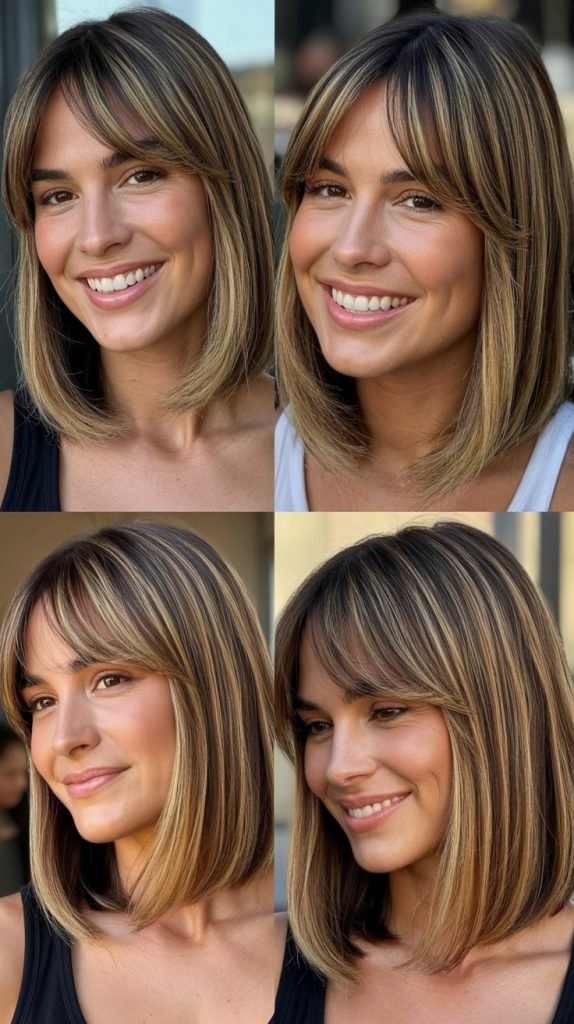 Straight Lob With Curtain Bangs And Caramel Highlights