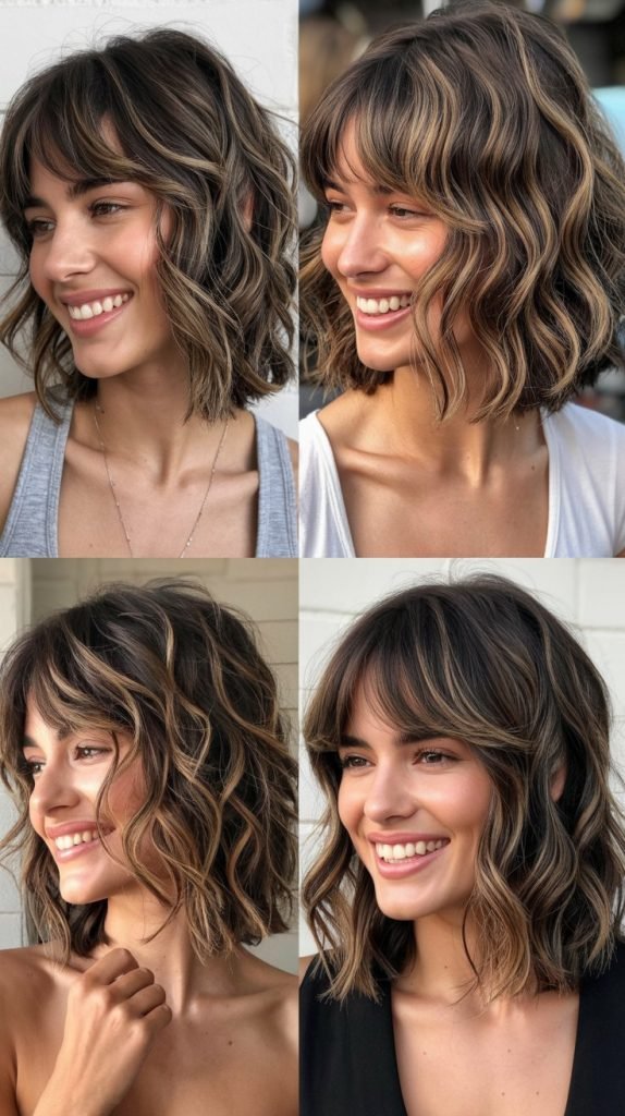 . Messy Lob With Curtain Bangs And Beachy Waves