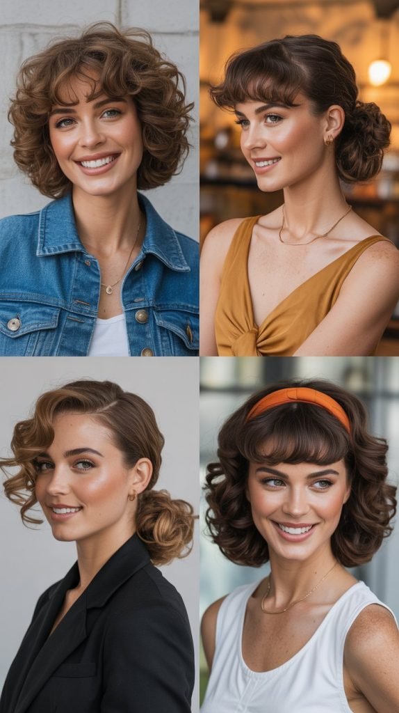 Curly Medium Length with Side-Parted Bangs