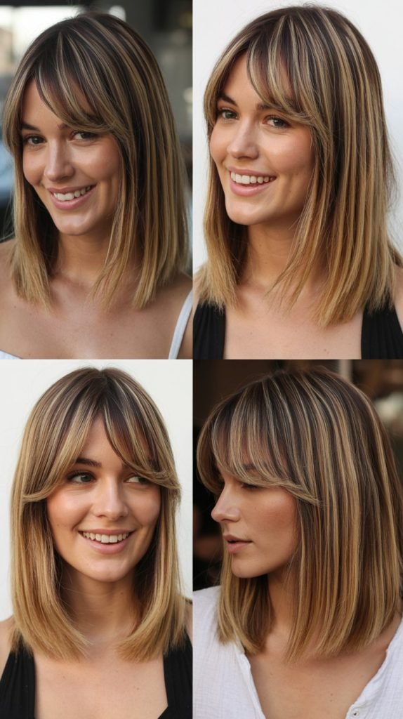 Long Bob With Curtain Bangs And Honey Highlights