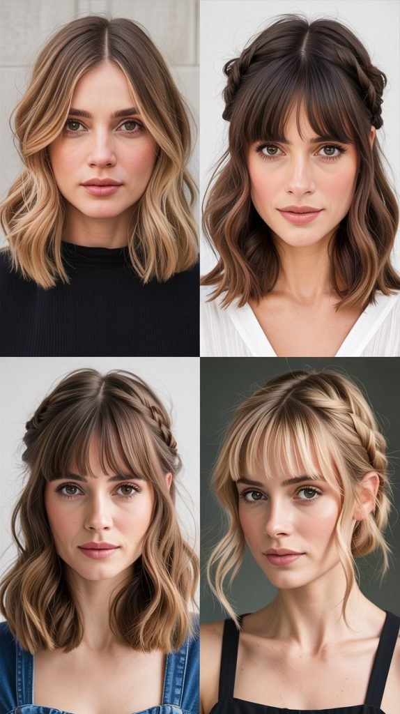 Medium Hair With Curtain Bangs Styled In Half-Up Style