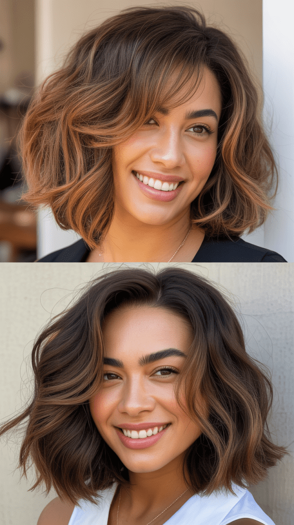 Volumized Lob With Toffee Balayage and Layered Bangs