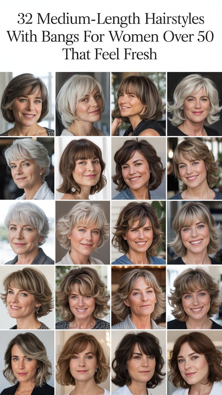 32 Medium-Length Hairstyles With Bangs for Women Over 50 That Feel Fresh