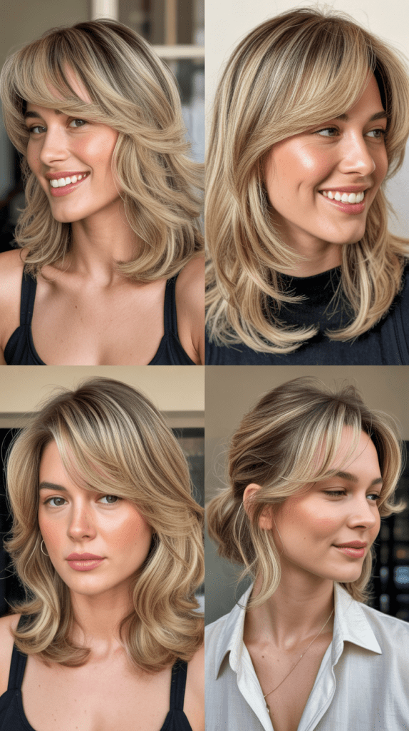  Piece-y Curtain Bangs with Champagne Blonde Highlights