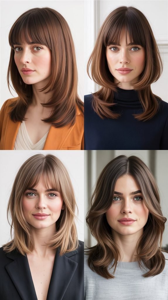 Sleek Medium Length With Curtain Bangs And Face-Framing Layers