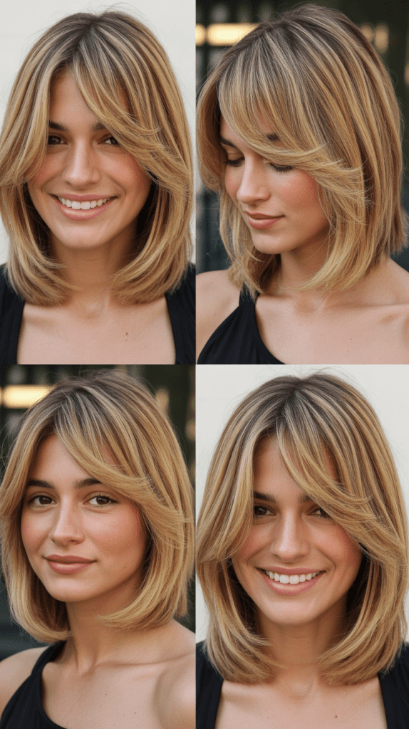 Wispy Side Bangs with Honey Blonde Lob
