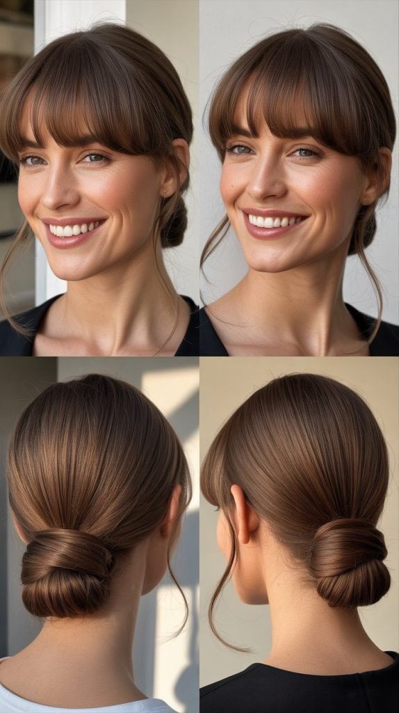  Curtain Bangs With Sleek Low Bun
