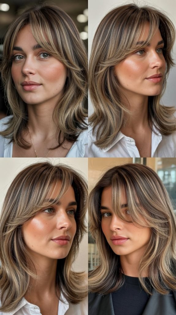  Medium Hair With Curtain Bangs And Babylights