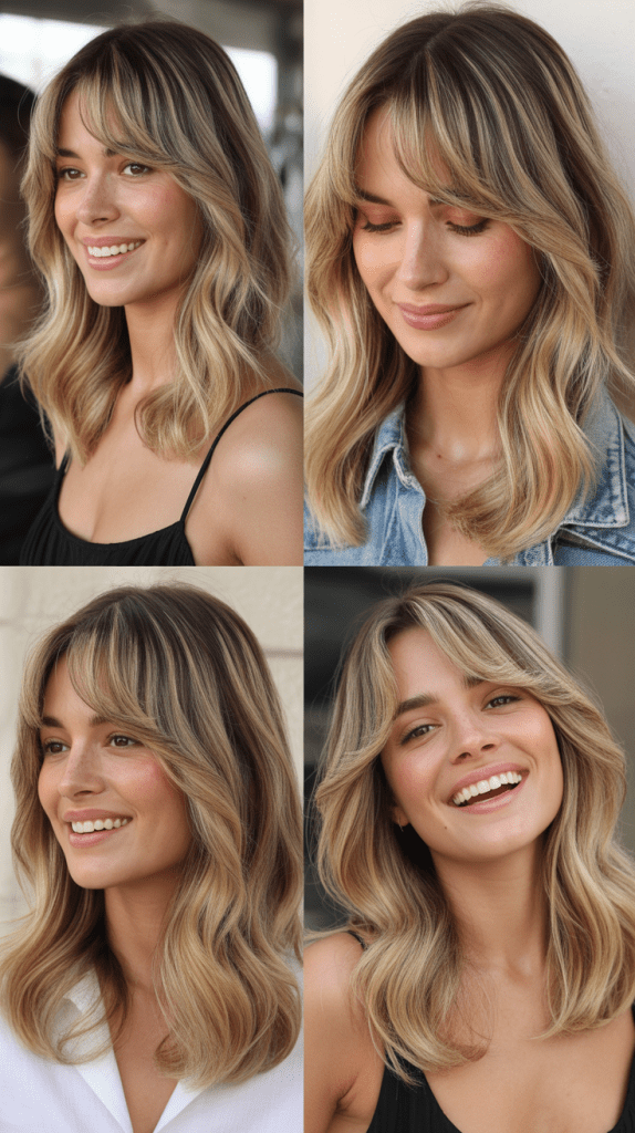 Curtain Bangs with Honey Blonde Balayage