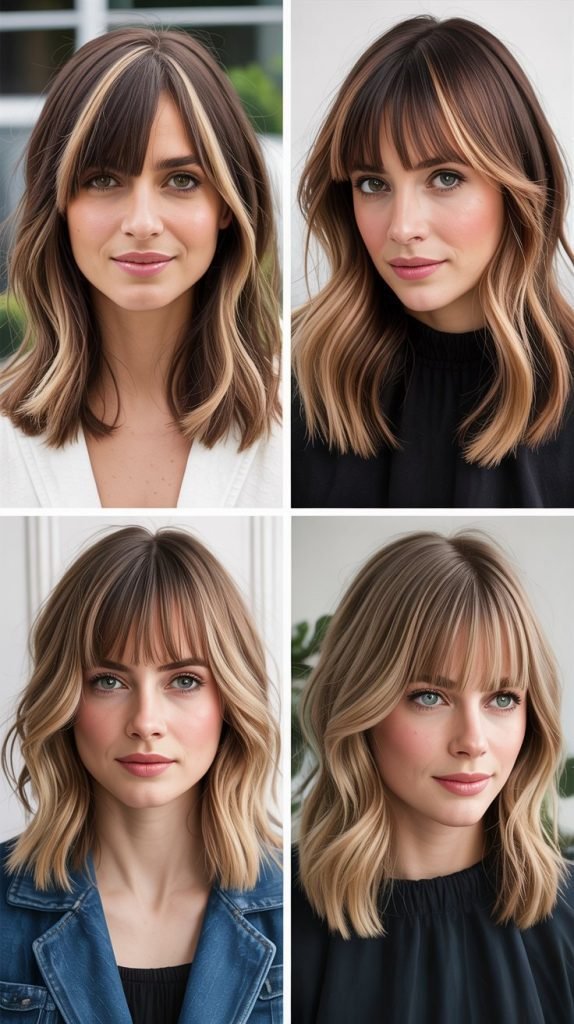 Medium Hair With Curtain Bangs And Ash Blonde Highlights